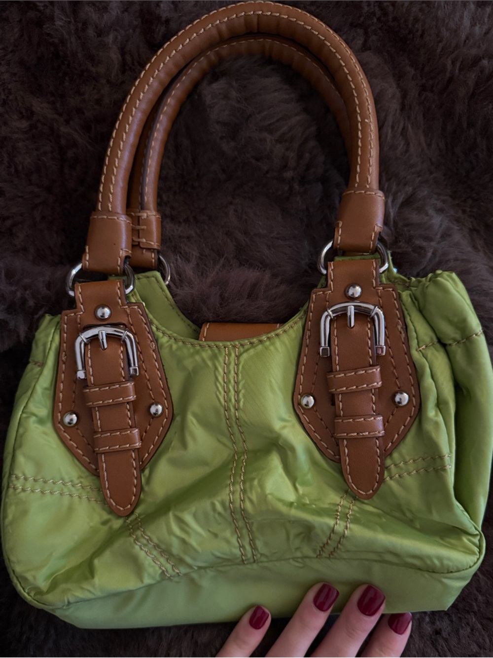 Green Shoulder Nylon Tote with Brown Leather Handles- Nine West